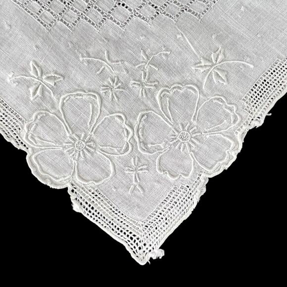 Handkerchief White On White Flowers Embroidery Vintage Open Cutwork Cotton 11.5" - Picture 7 of 9